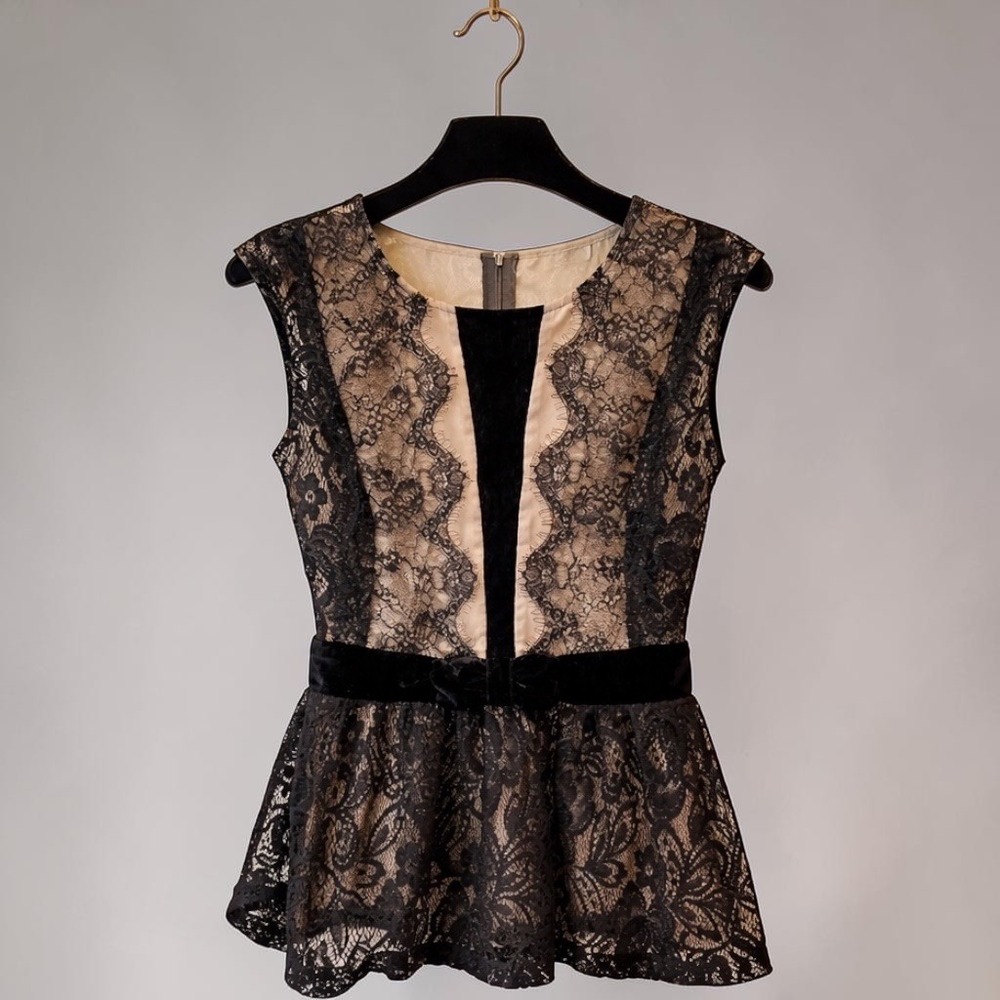 Coquette Whimsygoth Peplum Blouse Velvet Waist Fairycore Top S Romantic Lace
